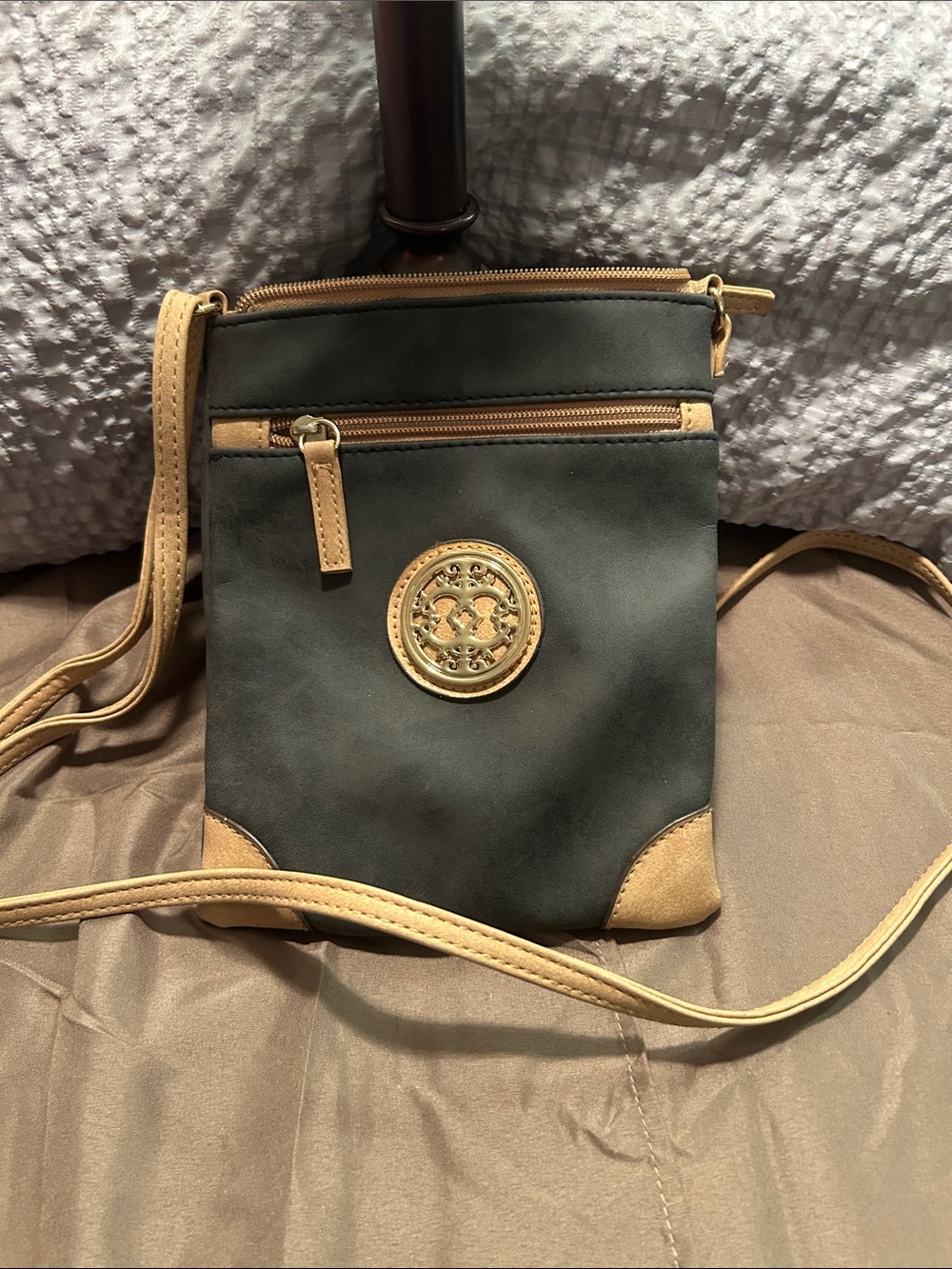 Black and Tan Logo Crossbody Bag